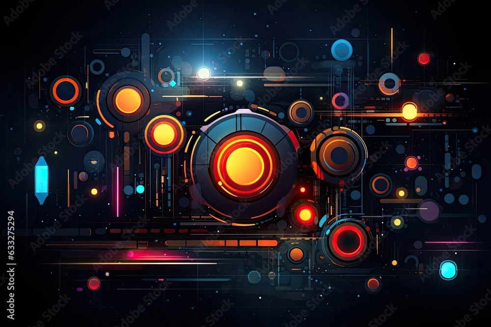 Poster abstract futuristic visual design with shiny circles on dark background.