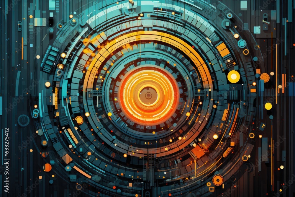 Poster abstract futuristic visual design with shiny circles on dark background.