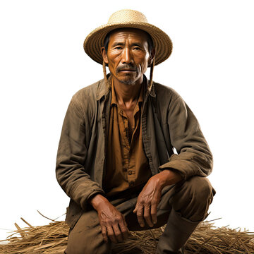 Studio shot of a Filipino farmer wearing a traditional salakot hat, isolated on a pure white background.
