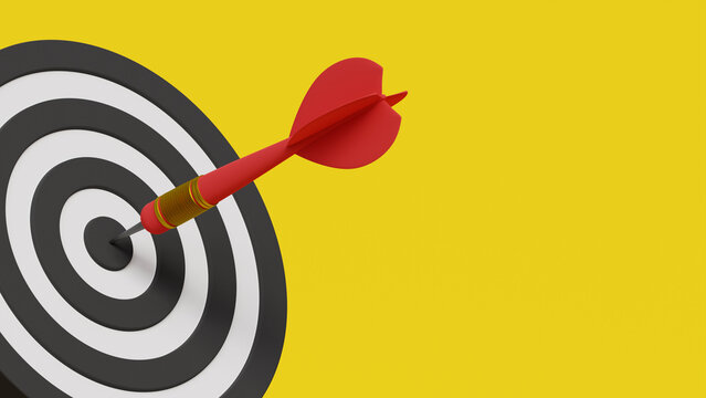 Dart hitting a target on the center on yellow background with copy space. 3d render illustration