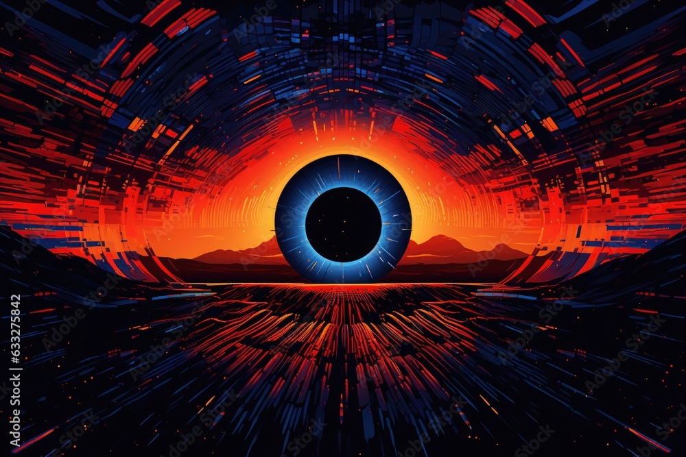 Poster abstract futuristic visual design with shiny circles on dark background.
