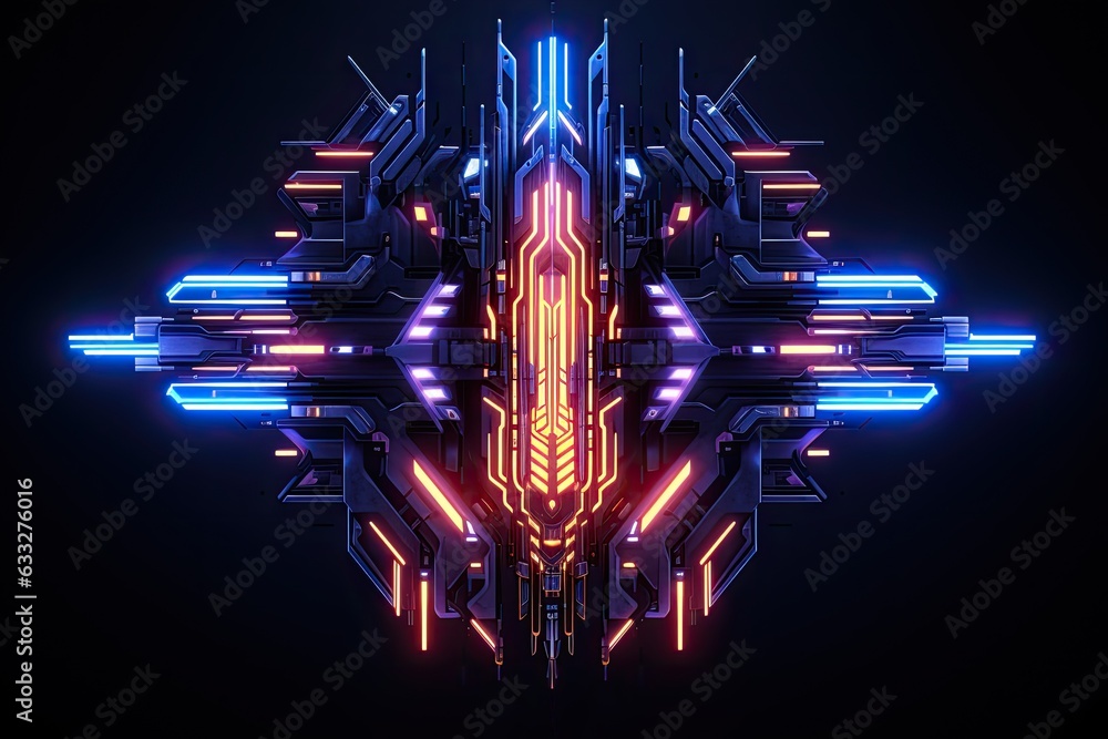Poster abstract futuristic visual design with shiny circles on dark background.