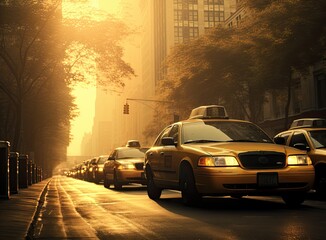 Photo of several yellow taxi on street in summer afternoon. Created with Generative AI technology.