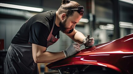 Auto body repair specialist focuses on repairing a dent on the car's fender, showcasing their expertise and commitment to impeccable restoration. Generated by AI. - obrazy, fototapety, plakaty