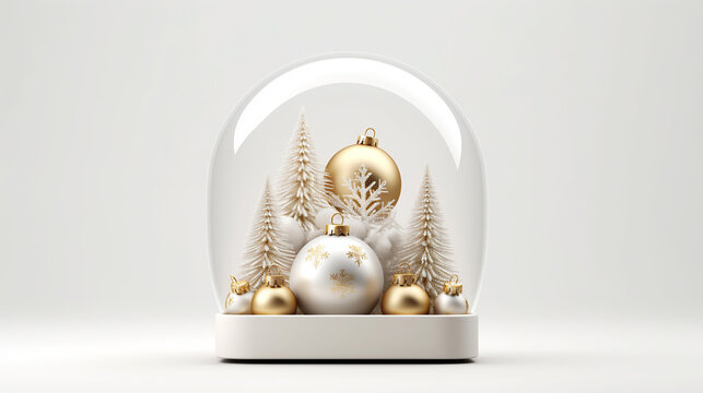 Christmas 3d white glass snow ball dome with white and gold christmas balls. Realistic white decorations for New Year winter background. minimalist design.