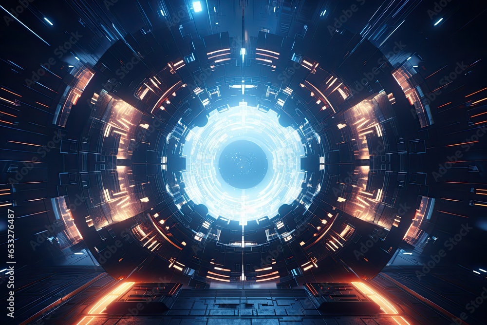 Poster abstract futuristic visual design with shiny circles on dark background.