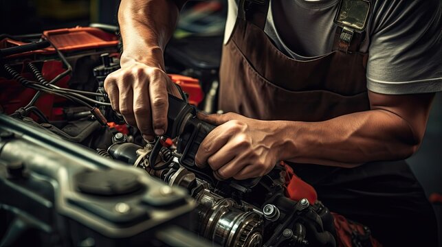 Repair as an expert auto repair specialist focuses on fixing a malfunctioning starter solenoid, a vital component for initiating engine ignition and smooth driving. Generated by AI.