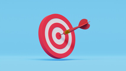 Dart hit the center of target on blue background. Business target achievement concept. 3d render illustration