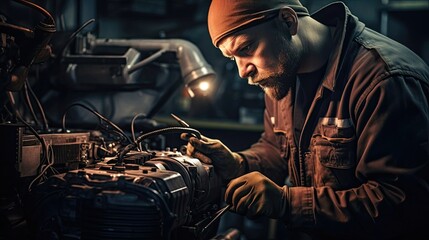 Auto technician is hard at work, using their knowledge and tools to repair the car's electrical system, maintaining proper power distribution and enabling all vehicle functions. Generated by AI.