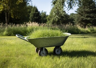 A wheelbarrow full of grass used to transport the grass. Wheelbarrow in the garden. Gardening. Created with Generative AI technology.