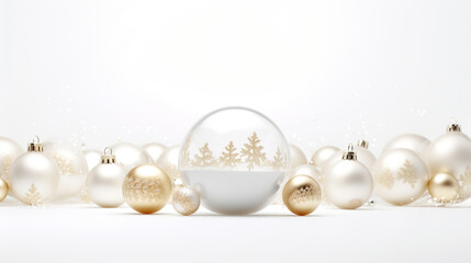 Christmas 3d white glass snow ball dome with white and gold christmas balls. Realistic white decorations for New Year winter background. minimalist design.