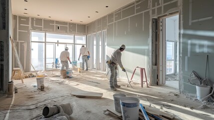 Installing drywall and finishing interior walls, combining form and function to create a well-insulated and aesthetically pleasing environment for daily life. Generated by AI. - obrazy, fototapety, plakaty