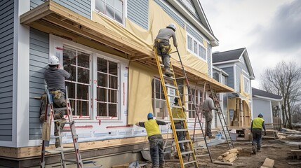 Builders skillfully installing exterior siding and meticulously placing trim on a house, combining functionality and design to create a well-insulated. Generated by AI. - obrazy, fototapety, plakaty