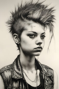 A sketch of a young teenage punk girl with an unimpressed look on her face.