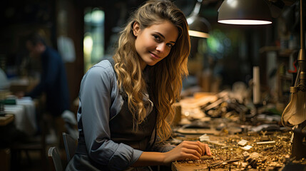 A young woman in practical business attire embraces the creative haze of a well-lit workshop.