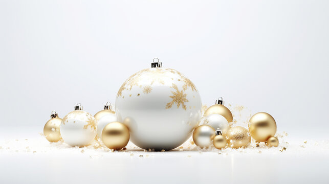 Christmas white and gold baubles and decorations. Holidays background. 3d render illustration.