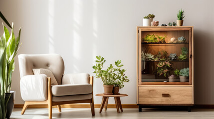 a wood sideboard in a airy living room interior design ai generated
