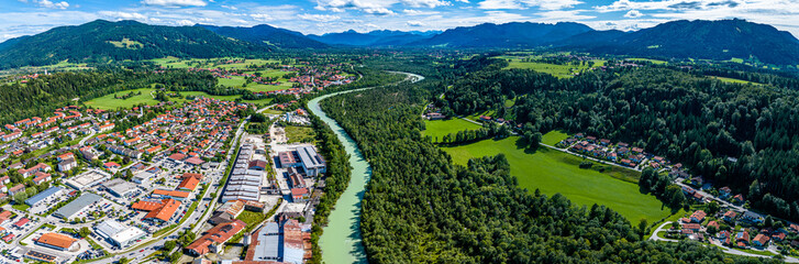 Bad Toelz Isar River. Bavarian Alps. Moraltpark. Drone Panorama
