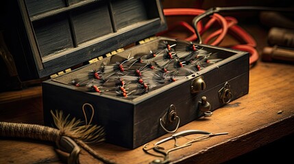 Close-up of a tackle box adorned with an array of lures, each designed to entice and captivate different fish species. The assortment showcases the angler's strategic. Generated by AI.