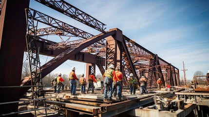 Construction progress as a proficient crew methodically assembles and meticulously tests a new steel bridge. Generated by AI.
