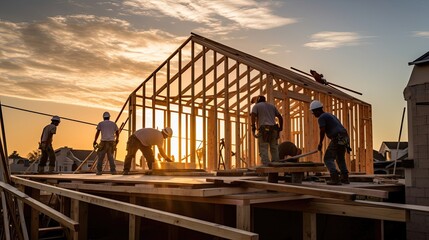 Construction crew meticulously framing a new house, their synchronized efforts transforming raw materials into the foundational structure of a future home. Generated by AI.