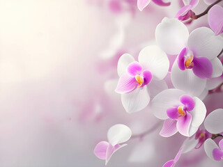 Fototapeta na wymiar Radiant Orchid Scene Flowers in Soft Focus with Copy Area - A Mockup Template for Captivating and Graceful Visuals Generative AI