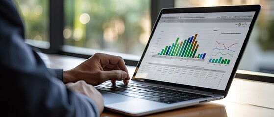 Business person working on laptop to build management reports for corporate business job