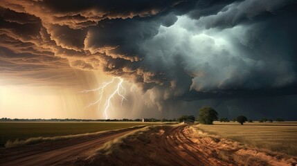 Dramatic and breathtaking thunderstorm rolling across the horizon, its thunderous roars and dazzling lightning bolts weaving a tapestry of nature's might and beauty. Generated by AI. - obrazy, fototapety, plakaty