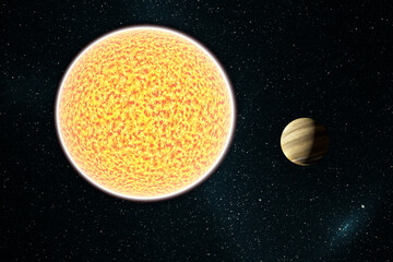 Planet outside our solar system. Exoplanet and exoplanetary system, space background.