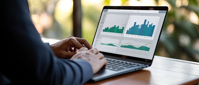Business person working on laptop to build management reports for corporate business job