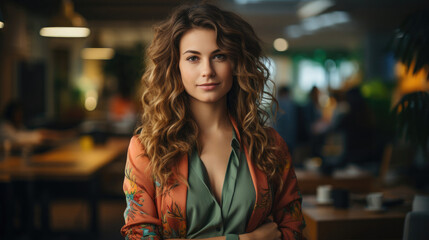 A creative, softly-focused image of a woman in a vibrant business-casual outfit standing with arms folded in an open-concept office.