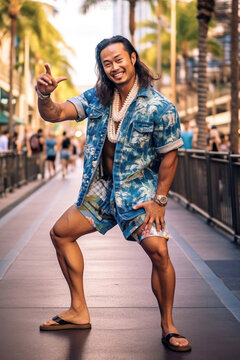 A relaxed man in Hawaiian shirt and acid-washed denim shorts pointing at the camera.