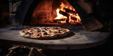 A fresh hot italian pizza from the stone oven with cheese, brown crust and delicious toppings on a dark and moody background