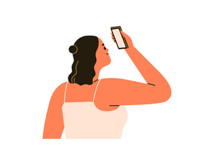 Woman holding mobile phone, looking at smartphone screen. Happy excited interested girl with cellphone, cellular in hand, using gadget, device. Flat vector illustration isolated on white background