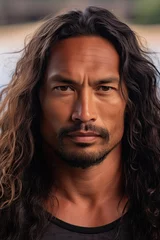 Photo sur Plexiglas Enfants A peaceful headshot of a Pacific Islander man with flowing hair, gazing into the camera.