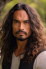 A peaceful headshot of a Pacific Islander man with flowing hair, gazing into the camera.