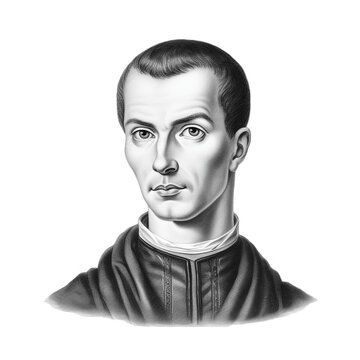 A black and white vintage engraving of Niccolo Machiavelli, facing the camera with a white background - Generative AI