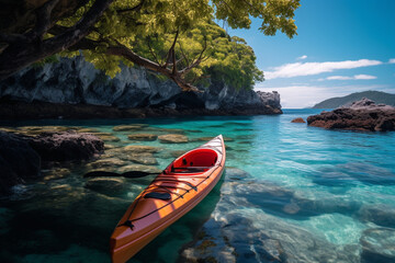 Anchored in a secluded cove, kayaking adventures await, yacht, vacation Generative AI