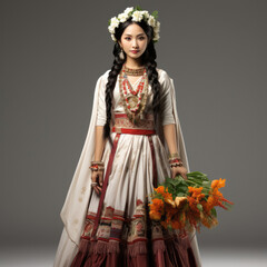 Studio shot of a Thai woman in traditional dress with a flower garland isolated on a pure white background.
