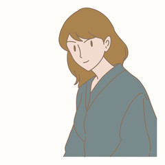 Crafty woman smiling and looking at the viewer. Cunning girl looking with pretend smile at camera. Hand drawn flat cartoon character vector illustration.