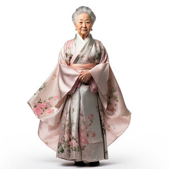 A traditional Korean grandmother wearing hanbok in a studio setting.