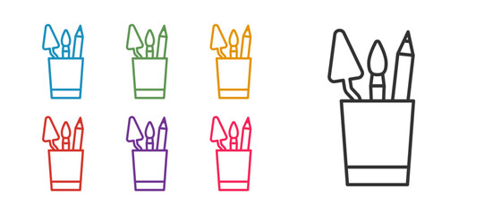 Set line Pencil case stationery icon isolated on white background. Pencil, pen, ruler in a glass for office. Set icons colorful. Vector