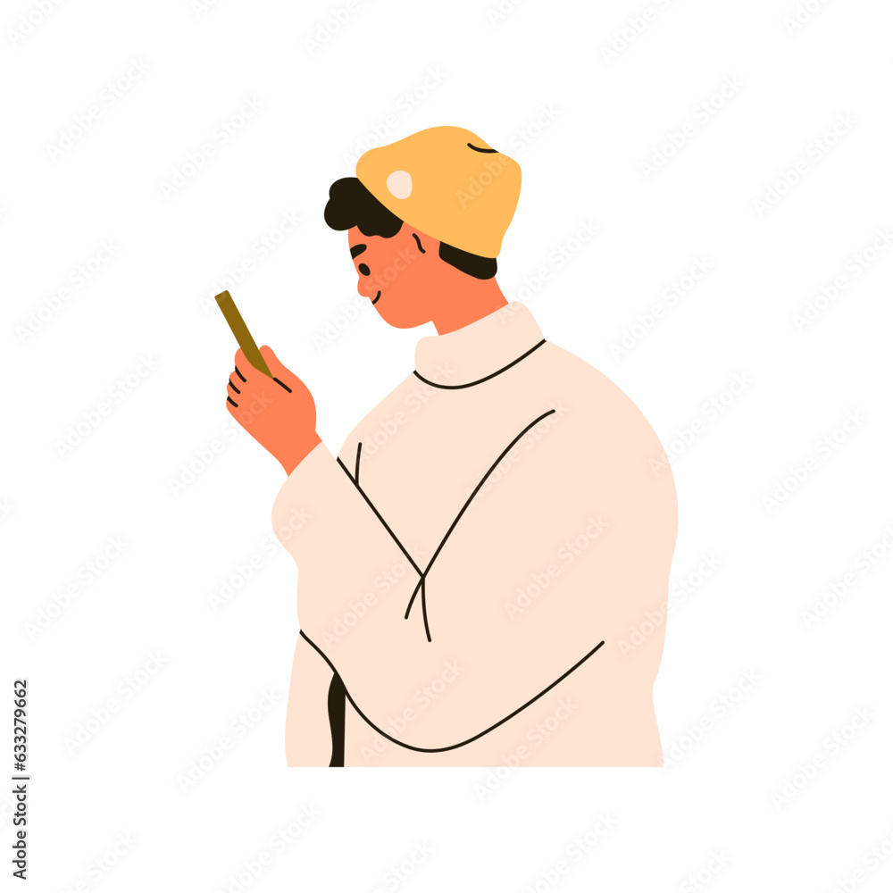Poster man with mobile phone in hand. young person looking at smartphone, reading online message, scrolling