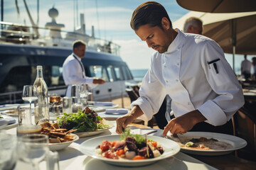 Documenting the gourmet dining experience prepared by the yacht's chef, yacht, vacation Generative AI - obrazy, fototapety, plakaty