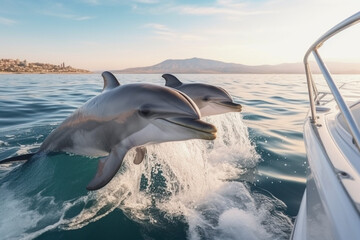 Observing playful dolphins riding the yacht's wake, yacht, vacation Generative AI