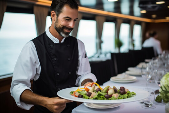 Documenting the gourmet dining experience prepared by the yacht's chef, yacht, vacation Generative AI