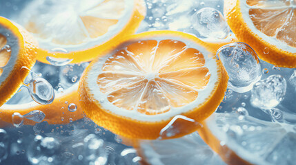 close up yellow  lemon slices in fresh water