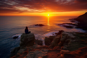 Observing a sunset from a rocky cliff, the world bathed in warm hues, love 