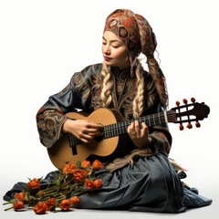 Fototapeta premium Studio shot of an Azerbaijani mugham singer with traditional instrument.
