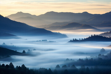Capturing the first light of dawn over mist-covered hills, love 